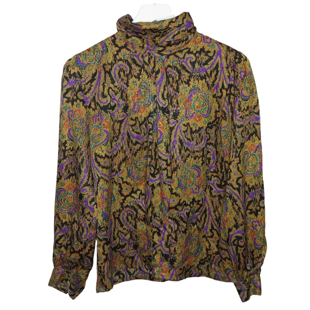 Vintage Gold Patterned High Neck Blouse Made in USA - Women's Size 8